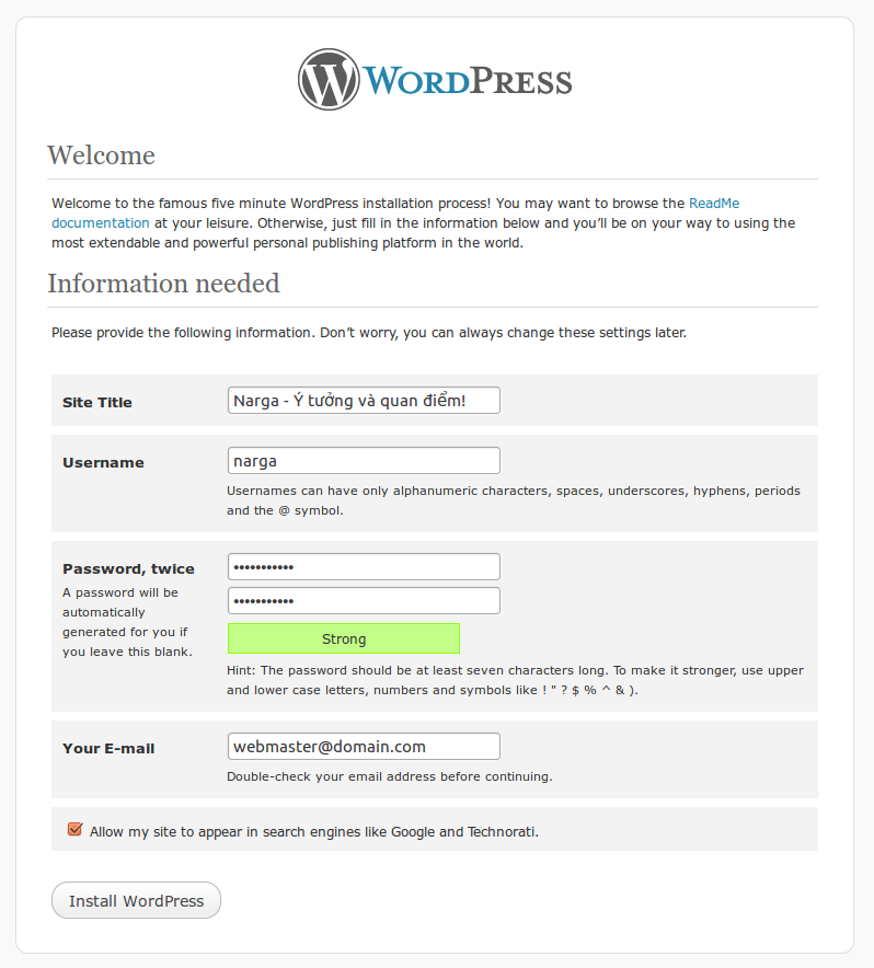 Khai báo thông tin tài khoản quản trị cho Wordpress